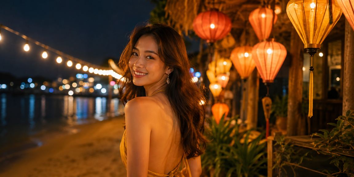 Cảnh chợ đêm Hội An lung linh đèn lồng với người dùng kiểm tra thưởng cashback và giao dịch fi5 trên điện thoại