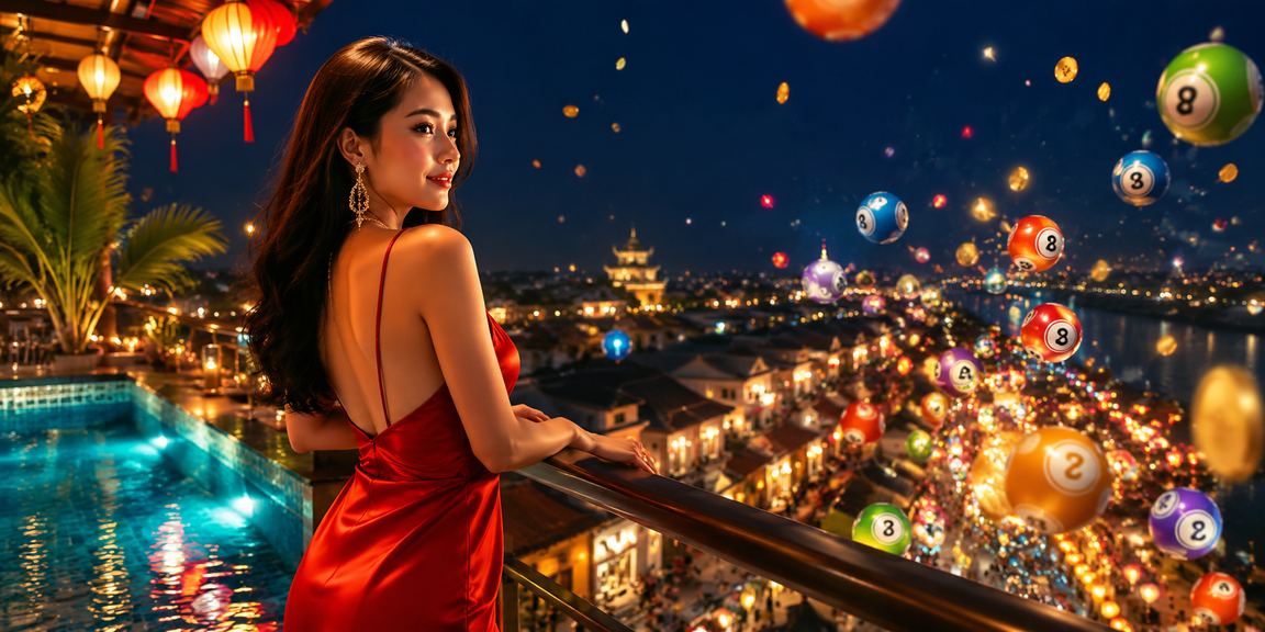 Cảnh chợ đêm Huế với người dùng theo dõi xổ số và trò chơi may mắn trực tuyến trên fi5