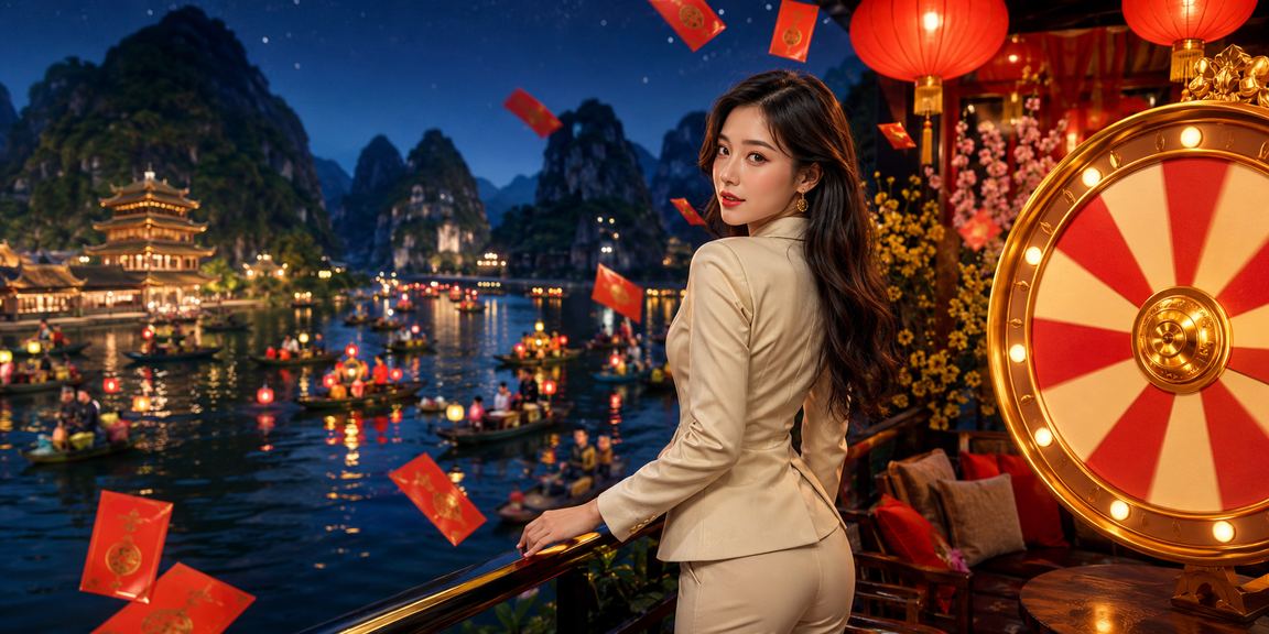 Cảnh đêm lễ hội Ninh Bình với ánh đèn lồng và người dùng tham gia quay thưởng may mắn trên fi5