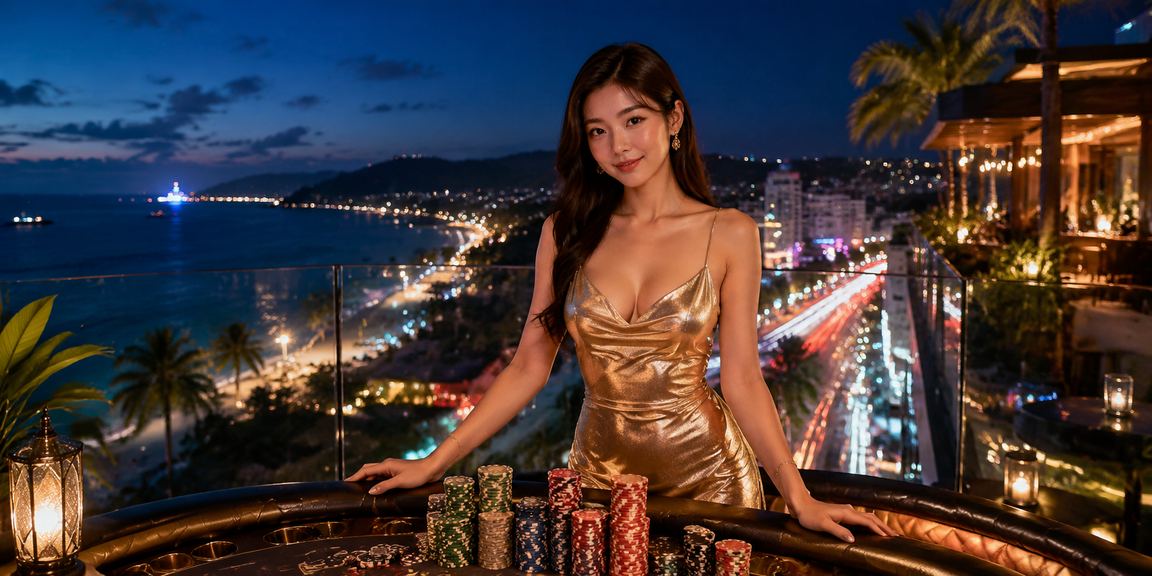 Cảnh đêm neon Phú Quốc với người chơi High Roller theo dõi màn hình casino và đặt cược VND lớn